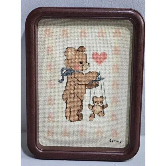 Framed Teddy Bear Cross Stitch Frame Vintage Nursery 1980's Decor Cottagecore - Picture 12 of 12
